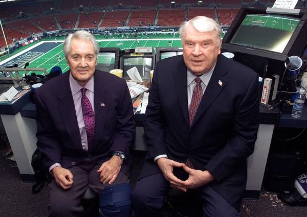 Pat Summerall and John Madden in the FOX broadcast booth before the NFC divisio<em></em>nal playoff in this Jan. 20, 2002 photo in St. Louis.