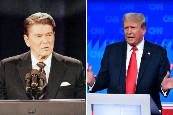 Do<em></em>nald Trump speaks as he participates in the first presidential debate of the 2024 elections with  US President Joe Biden