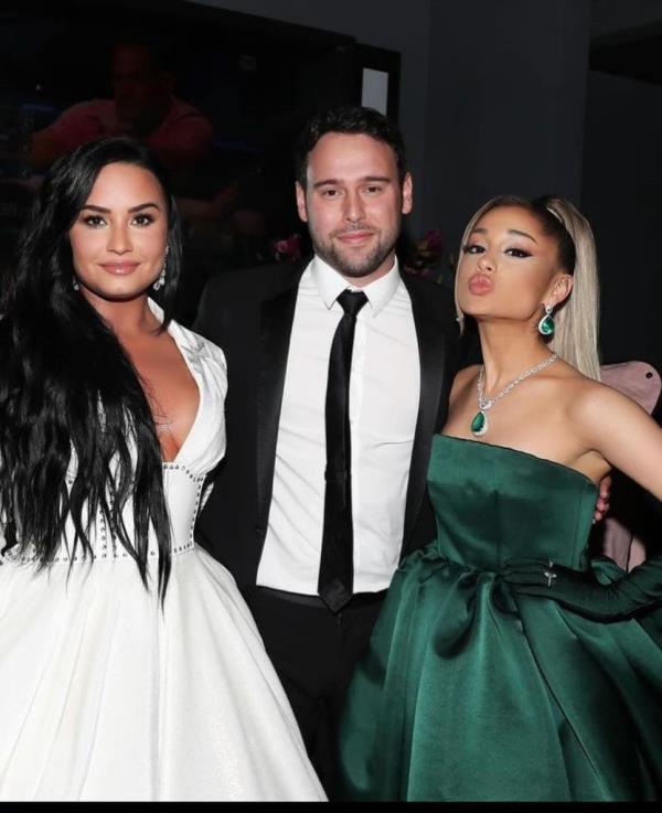 Scooter Braun with his former clients Demi Lovato and Ariana Grande
