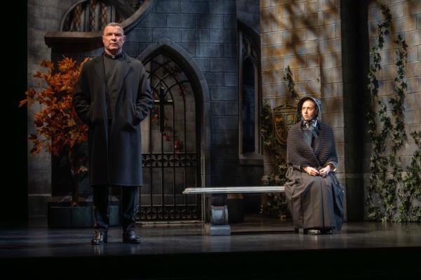 Liev Schreiber as Father Flynn, left, and Zoe Kazan as Sister James, in Rounda<em></em>bout Theatre Company's new Broadway production of 