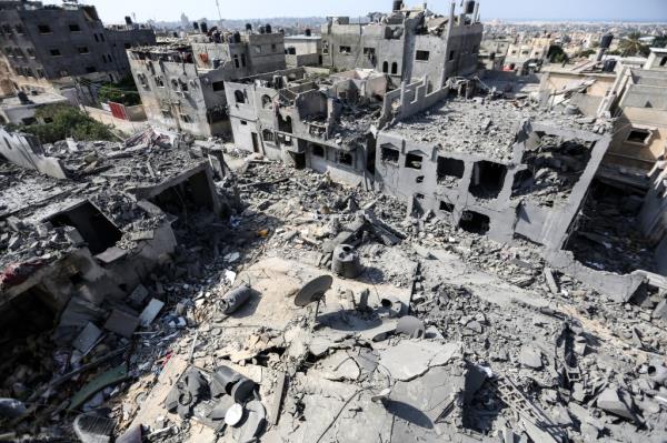 General view of buildings which were destroyed during Israeli air raids in the southern Gaza Strip.