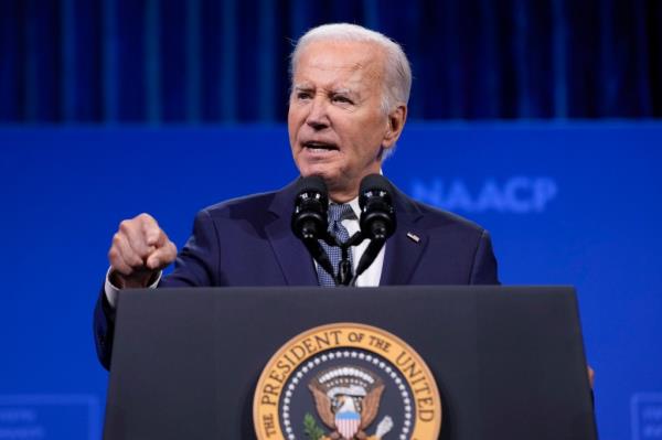 President Joe Biden speaks at the 115th NAACP Natio<em></em>nal Co<em></em>nvention in Las Vegas, July 16, 2024.