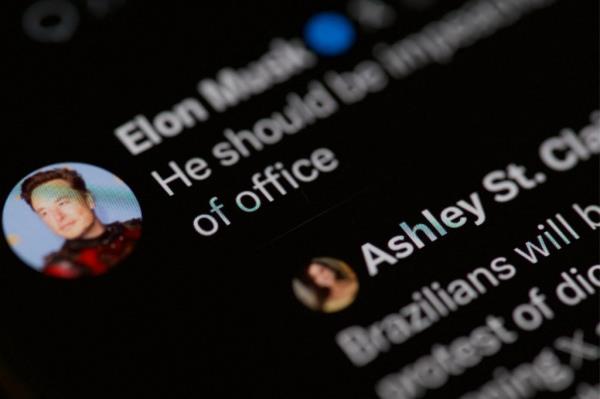 Screen displaying a post from Elon Musk's social media account X in Rio de Janeiro, Brazil, in 2024, despite court order block.