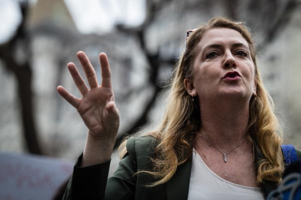Maud Maron speaking at a rally at City Hall Park in Downtown, Manhattan, protesting against mandatory masking for young children in daycare and preschool