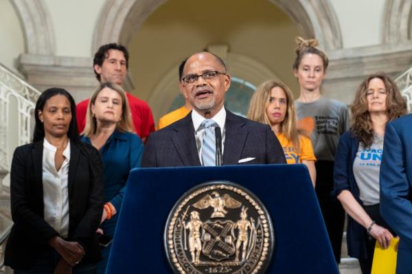 Chancellor David Banks, New York City Public Schools speaks during press co<em></em>nference on the announcement regarding the safe storage of firearms at City Hall in New York on June 6, 2024.