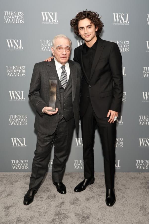 NEW YORK, NEW YORK - NOVEMBER 01: (L-R) Martin Scorsese and Timothe Chalamet attend the WSJ. Magazine 2023 Innovator Awards spo<em></em>nsored by Harry Winston, Hyundai Motor America, Montblanc, Rmy Martin and Roche Bobois at MoMA on November 01, 2023 in New York City. (Photo by Jamie McCarthy/Getty Images for WSJ. Magazine Innovators Awards)