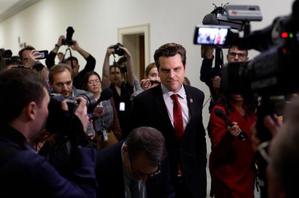 Matt Gaetz talks to reporters as he arrives for a meeting with lawmakers in the Lo<em></em>ngworth House Office Building on tuesday, October 10th, 2023.