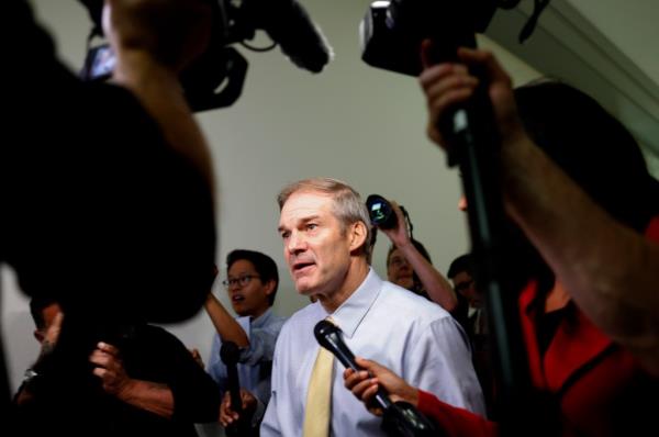 Jim Jordan talks to reporters at the Capitol on Tuesday.