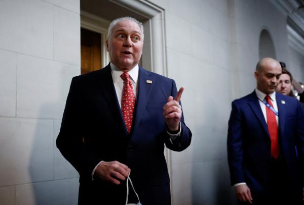 House Majority Leader Steve Scalise speaks to media as he walks to a candidate forum at the Lo<em></em>ngworth House office building on Tuesday.