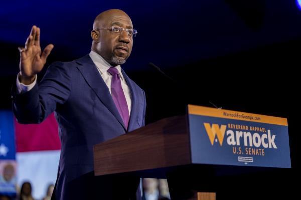 Senator Reverend Raphael Warnock delivering a victory speech at his election night party in Atlanta, Georgia on December 6th, 2022