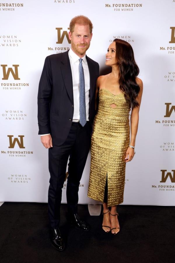 Prince Harry and Meghan Markle posing together at Ms. Foundation Women of Vision Awards ceremony in New York City.