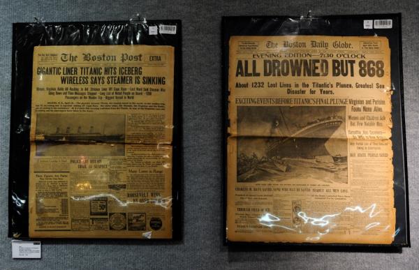 Boston newspapers front pages displaying the Titanic disaster on display at Bonham's auction house in New York, April 12, 2012.