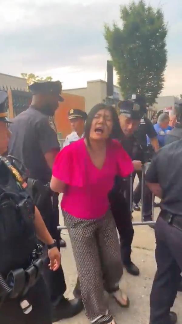 New York City Councilwoman Susan Zhuang in a pink shirt being arrested by NYPD officers during a demo<em></em>nstration in Gravesend, Brooklyn