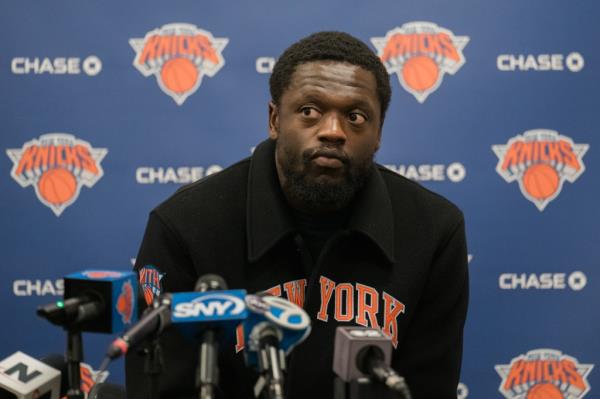 Julius Randle of the New York Knicks speaking at a press co<em></em>nference a<em></em>bout his season-ending shoulder surgery.