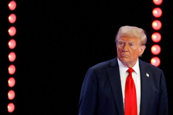 Republican presidential nominee and former U.S. President Do<em></em>nald Trump looks on as he participates in a town hall presented by Spanish-language network Univision, in Doral, Florida, U.S., October 16, 2024.