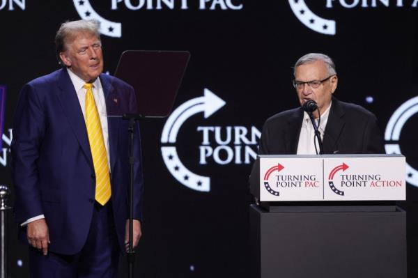 Former Sheriff Joe Arpaio speaking at the Turning Point USA event at Dream City Church.