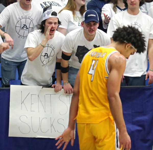 Akron Zips fans heckle Kent State Golden Flashes forward Chris Payton Jr. (4) during a stop in action during the second half.