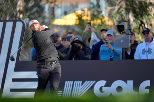 Jon Rahm plays his shot from the 18th tee during the final round of LIV Golfs' tournament in Las Vegas.
