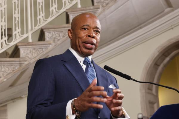 Mayor Eric Adams speaking to reporters in the City Hall rotunda after a press co<em></em>nference that clarified the right of Muslims to broadcast the call to prayer. nypostinhouse