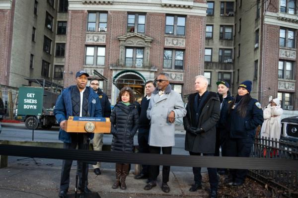 Mayor Eric Adams delivers remarks celebrating the removal of the cityas longest-standing sidewalk shed,