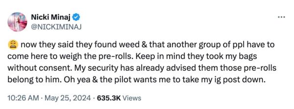 Screenshot of a message discussing Nicki Minaj's alleged near-arrest in Amsterdam due to pre-rolled weed found in her luggage