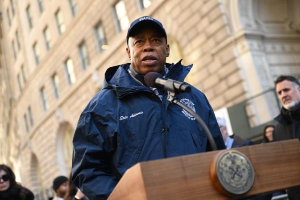 Mayor Eric Adams remarks at the flag-raising ceremony for Lebanon at Bowling Green Park on December 6, 2024 in New York City.