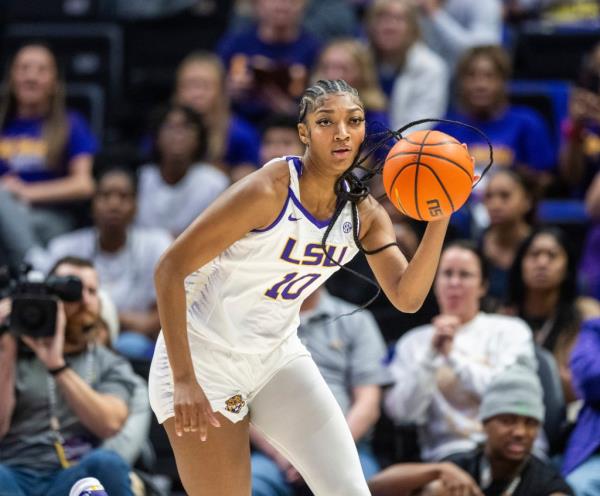 LSU forward Angel Reese (10) dribbles upcourt in the first period of an NCAA college basketball game against Northwestern State, Sunday, Dec. 17, 2023, in Baton Rouge, La.