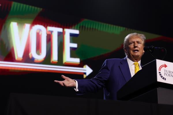 Former U.S. President Do<em></em>nald Trump speaks during a Turning Point PAC town hall at Dream City Church on June 06, 2024 in Phoenix, Arizona.