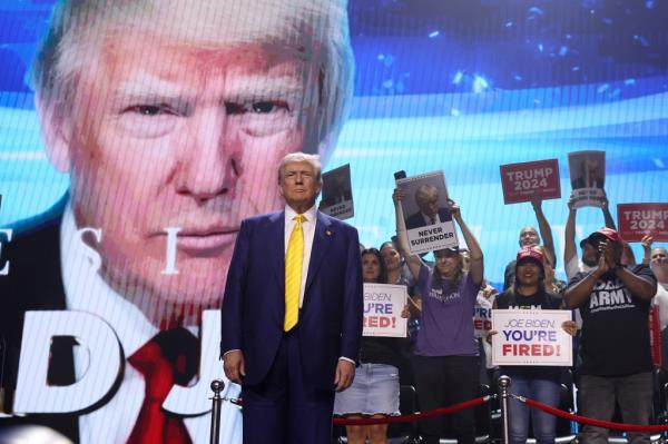 Trump greets supporters during a Turning Point PAC town hall at Dream City Church on June 06, 2024 in Phoenix, Arizona. Trump delivered remarks and took questions from the audience during the 'chase the vote' town hall.