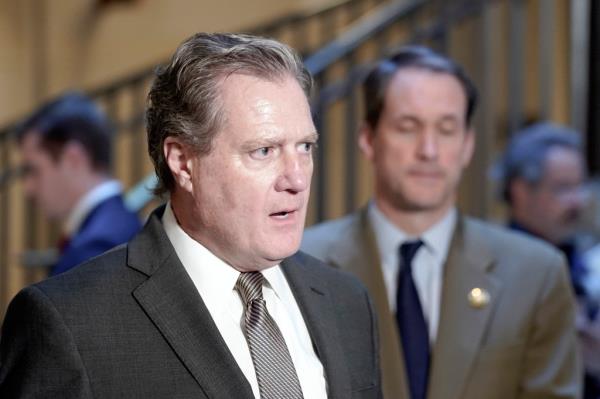House Intelligence Chair Mike Turner speaks to reporters on Capitol Hill on Feb, 15, 2024.