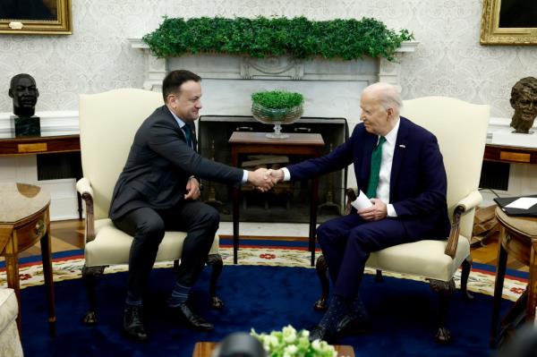 President Joe Biden and Irish Taoiseach Leo Varadkar speak to reporters in the Oval Office.