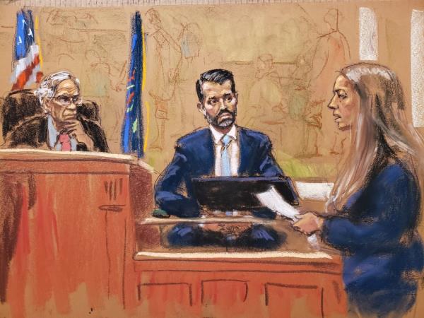 Do<em></em>nald Trump Jr is questio<em></em>ned by Colleen Faherty, a lawyer for the attorney general's office, during the Trump Organization civil fraud trial before Judge Arthur Engoron.