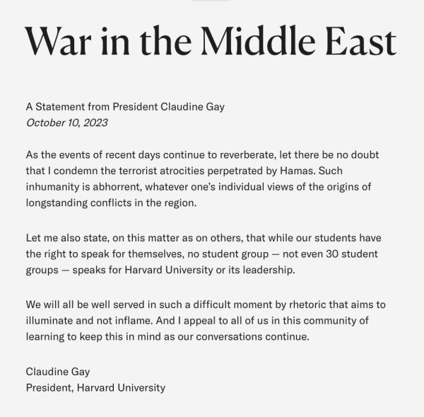 Harvard President Claudine Gay's office released two statements on the events in Israel and the Gaza Strip.