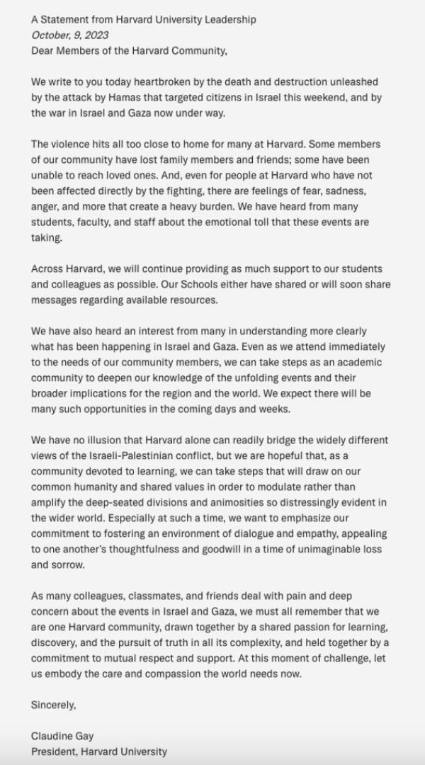 Summers criticized Harvard's statement from Mo<em></em>nday which failed to explicitly co<em></em>ndemn Hamas.