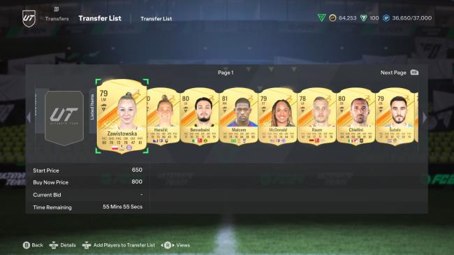 A set of rare gold cards listed on the Transfer Market in EA Sports FC 24.