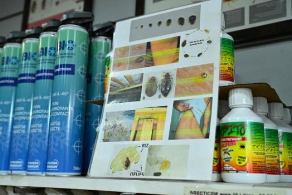 This photograph taken on October 3, 2023 shows different products used to eradicate bedbugs at the Hygiene Premium, pest co<em></em>ntrol shop in Paris. The French government said on September 29, 2023 that it was launching a co<em></em>ncerted effort to fight bedbugs that have appeared in numbers in public transport, cinemas and hospitals. The blood-sucking insects have been spotted in the Paris metro, high-speed trains and at Paris's Charles-de-Gaulle Airport, with disgusted travellers posting videos on social media. (Photo by MIGUEL MEDINA / AFP) (Photo by MIGUEL MEDINA/AFP via Getty Images)