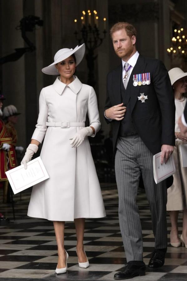 Prince Harry and Meghan Markle, Duke and Duchess of Sussex, exiting St Paul's Cathedral after a thanksgiving service for Queen Elizabeth II's Platinum Jubilee, 2022