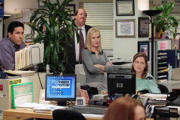 Oscar Nunez, Brian Baumgartner, Angela Kinsey, and Jenna Fischer in the scene from 'The Office' episode 'Junior Salesman'