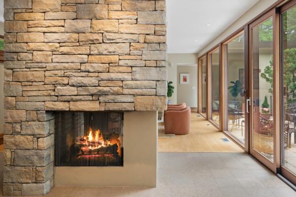 A close-up of the fireplace.