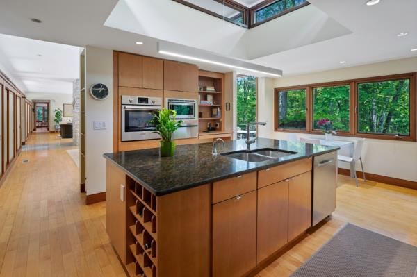 The well-lit kitchen.