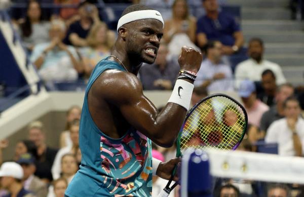 Frances Tiafoe celebrates during his 6-3, 6-1, 6-4 win over Sebastian Ofner in the second round of the U.S. Open.