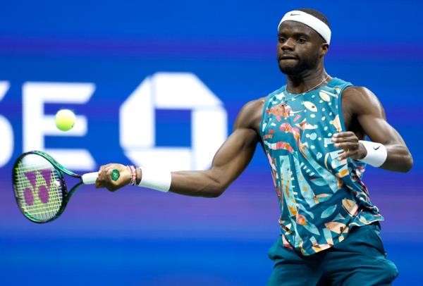 Frances Tiafoe hits a forehand during his second-round win.