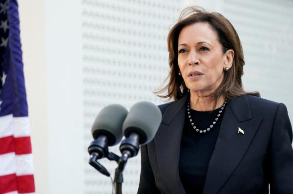 U.S. Vice President Kamala Harris delivering a speech at the Naval Observatory in Washington, marking the anniversary of the Hamas attacks on Israel, October 7, 2024.