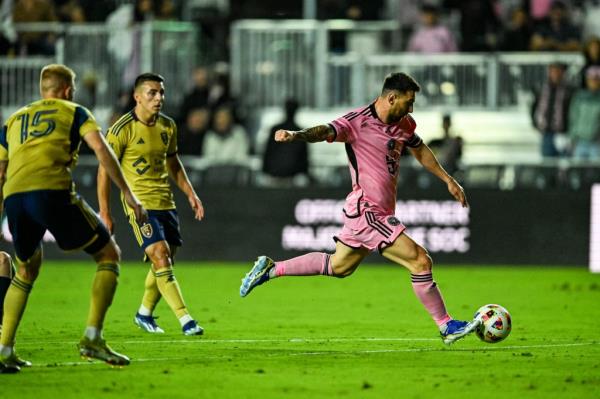 Inter Miami's Argentine forward #10 Lio<em></em>nel Messi hits the ball during the MLS football match between Real Salt Lake and Inter Miami CF at Chase Stadium 