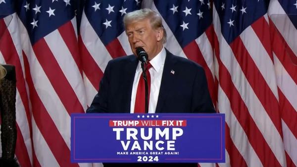 Do<em></em>nald Trump addresses his supporters after being projected to win the presidential election on Nov. 6, 2024.
