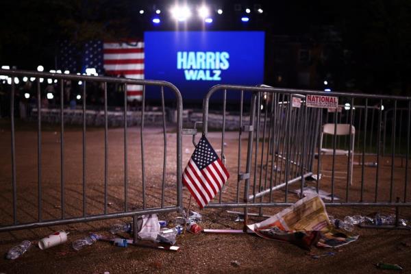 A flag is left at the event held by Democratic presidential nominee U.S. Vice President Kamala Harris during Election Night, at Howard University.