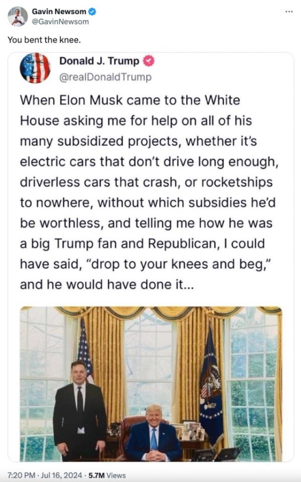 Elon Musk and Gavin Newsom in argument, with a referenced 2022 tweet by Do<em></em>nald Trump