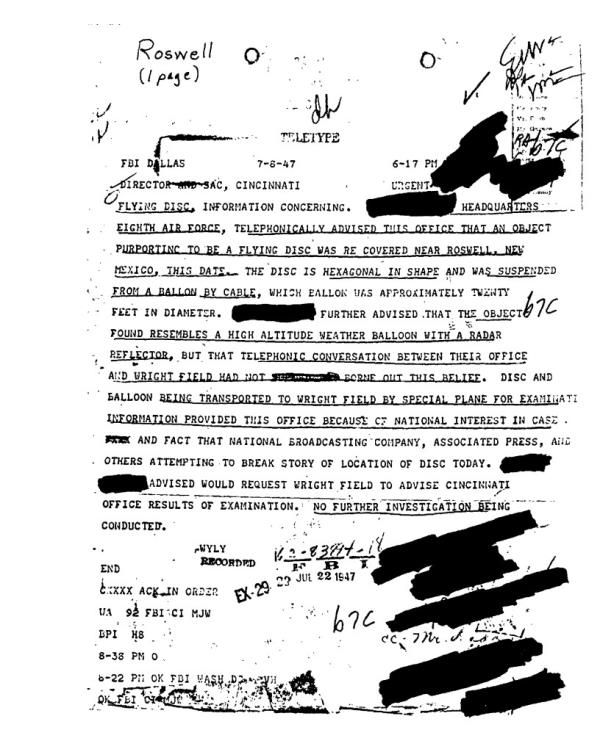 On July 8, 1947, the FBI Dallas Field Office sent a teletype regarding a “flying disc” that resembled a high altitude weather balloon found near Roswell, New Mexico. 