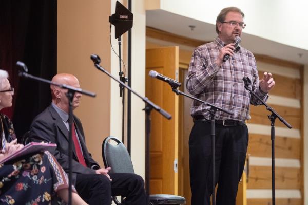 Chuck Edwards speaking during the NC-11 Republican candidate debate at the WNC Agriculture Center in Asheville, N.C.