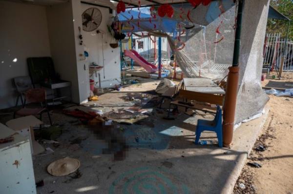 The Kibbutz Be?eri, Pictures show the Kindergarten which show signs of fighting and killing. Sam Greenhill words